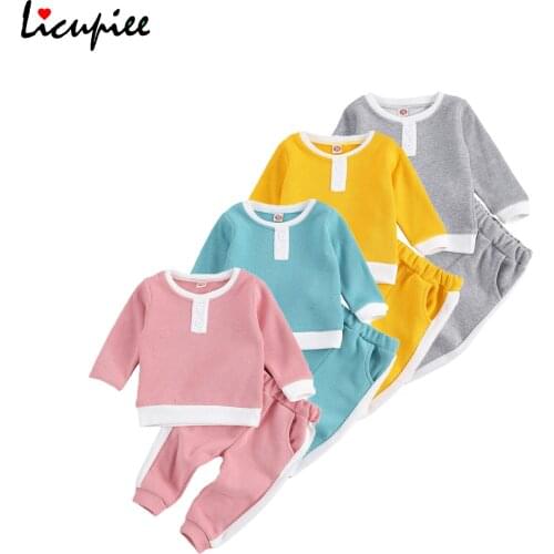 Childrens Long-sleeved Trousers Suit Fresh Color Stitching Round Neck T-shirt and Elastic Long Pants 2-6 Years