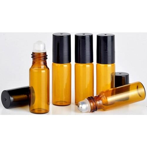 100pcs/lot 5ml Travel Portable Amber Glass Roller Rollerball Essential Oil Bottles Refillable Perfume Bottle Cosmetic Container
