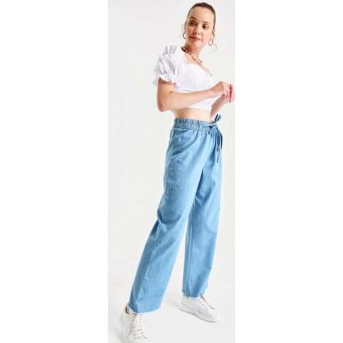 TUGBA Women Jeans Casual high waist summer Autumn Pant Relax Cotton Denim Trousers for woman Blue Dark