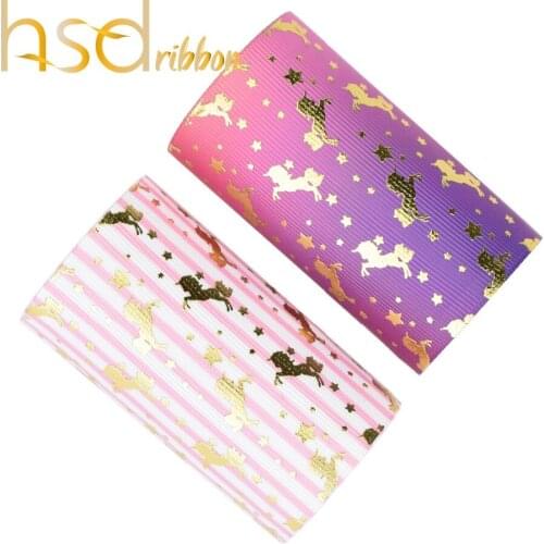 HSDRibbon 75mm 3inch little unicorn Pattern gold foil printed on HT Grosgrain Ribbon