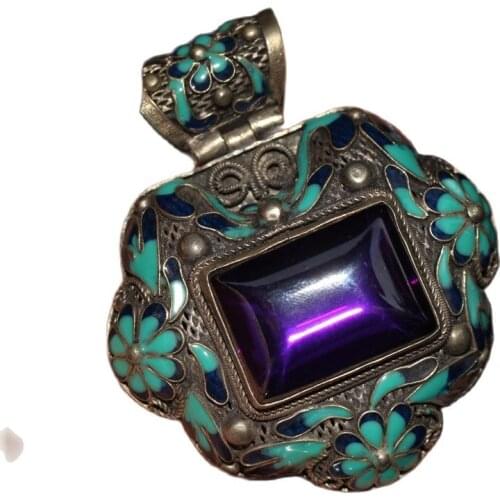 Chinese Old Craft Made Old Tibetan Silver Cloisonne Inlaid Zircon Pendant