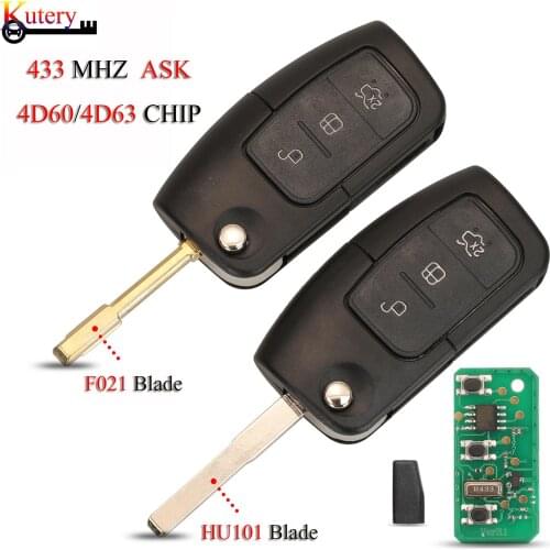 Kutery Folding Remote Car Key For Ford Fusion Focus Mondeo Fiesta Galaxy 3Buttons 433Mhz 4D60/ 4D63 Chip HU101/FO21 Blade
