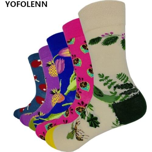 5 Pairs/Lot Colorful Combed Cotton Women Socks Funny Crew Casual Harajuku Art Happy Socks with Flower Fruit Pattern