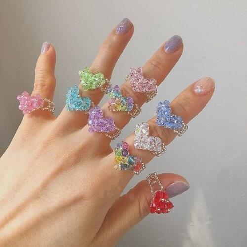2021 New Kpop Vintage Colorful Crystal Beaded Love Heart Ring Irregular Round Rings for Women Aesthetic Jewelry Accessories