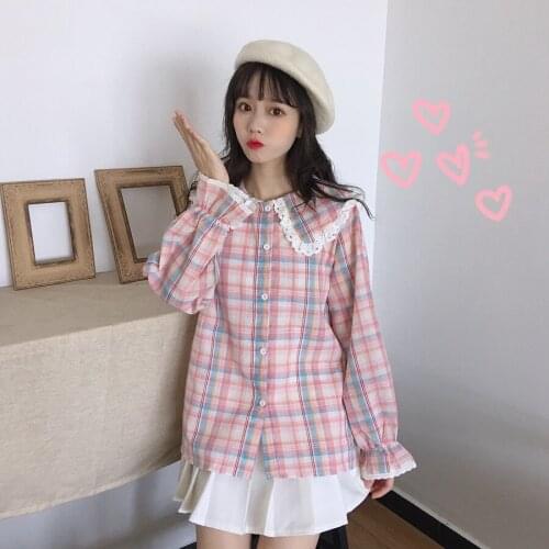 OLOMLB Soft Sweet Long-Sleeve Womens Shirt Flare Sleeve Peter Pan Collar Top For Girl Summer Preppy Style Cute Blouse Female