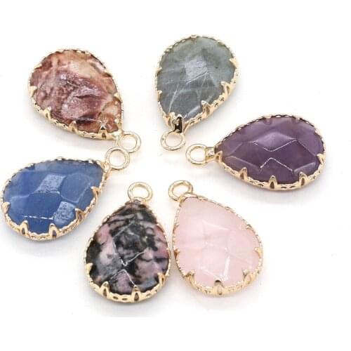 Natural Stone Amazonite Agate Amethyst Rose Quartz Pendant Retro Drop-Shaped Charm for Jewelry Making DIY Necklaces Gift 14x23mm