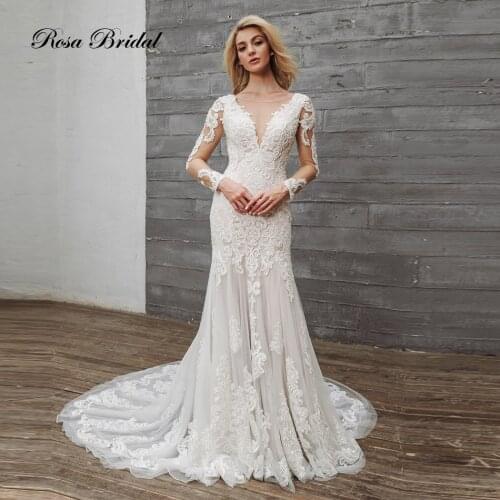 Rosabridal Jane Eyre long sleeves O neck backless beading lace mermaid wedding dress