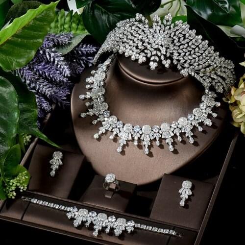 HIBRIDE Luxury AAA Cubic Zirconia Wedding Bridal Tiara Crown 5PCS White Gold Color Bright Necklace Earring Jewelry Set N-1604