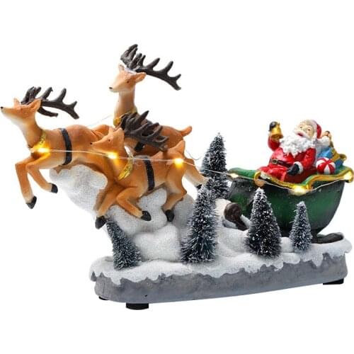 Christmas Scene Elk Pulling Cart Houses Village with Warm LED Light Battery Operated Christmas Decorations Ornament