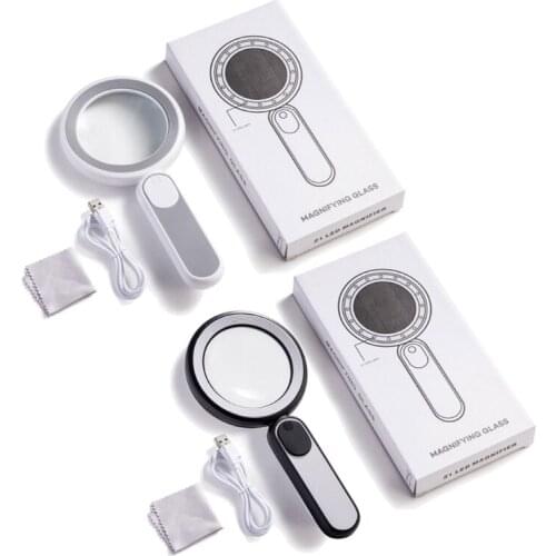 8X Lenses Magnifying Glass with Handle & 21 LED Lights Touch Switch USB Zoom Tool Portable Illuminated Magnifier