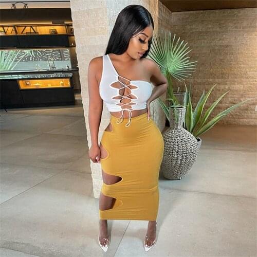 VAZN 2021 INS Special High Waist Hollow Out Open Beach Young One Off Shoulder Group Maxi Skirts Skinny Women 2 Piece Set