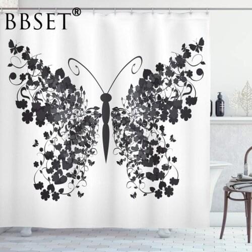 Butterfly Shower Curtain Beautiful Black Butterfly Pattern Waterproof Multi-size Douchegordijn Bathroom Decor with 12 Hooks