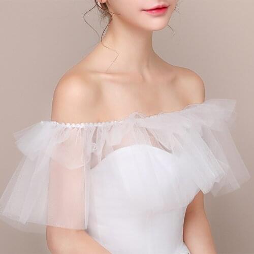 Women Ivory Wedding Bridal Wrap Elegant Beaded Ruffle Sexy Sheer Tulle Shawl with Ribbon Off the Shoulder Stole for Formal dress