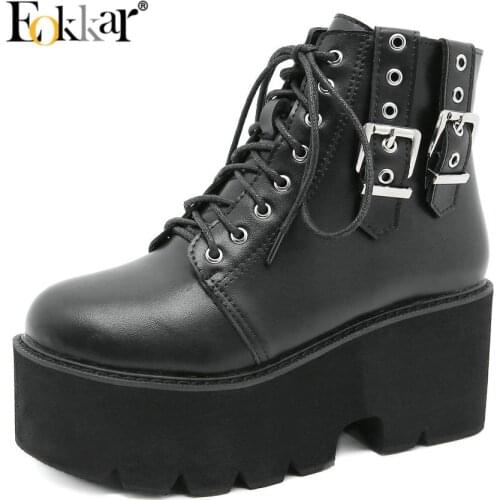 Eokkar 2021 Women Gothic Ankle Boots with Chain Ankle High Platform Boots Gothic Punk Ankle Boots Goth Platform Ankle Boots