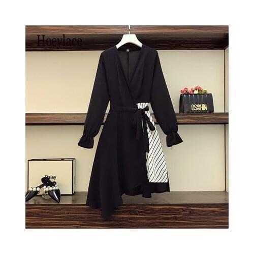 Plus Size Women Elegant Warp Dress Spring 2021 Korean Fashion Sexy V-neck Long Sleeve Patchwork Striped Asymmetric Dresses 5XL