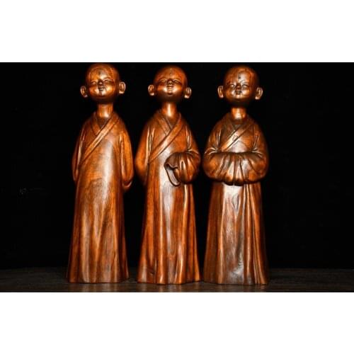 13" China Lucky Seikos Boxwood 3 Monk statue Wood carving of little monk in temple Monk Amitabha Buddha Statue
