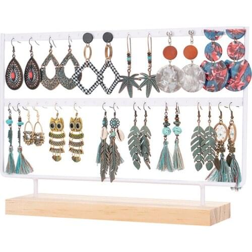 46 Hole Earring Organizer Jewelry Holder 2Tier Stand Ear Stud Display Rack Rustic Wooden Base Tray for Bracelet Necklace Ring