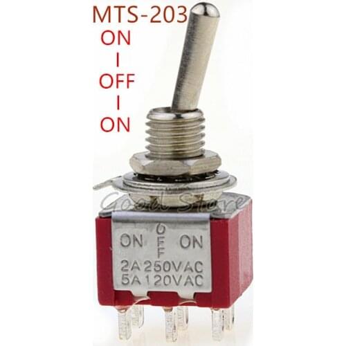 5Pcs Toggle Switch 6MM Red 6Pin 3File MTS-203 Rocker switch 2A 250V 5A120V ON-OFF-ON