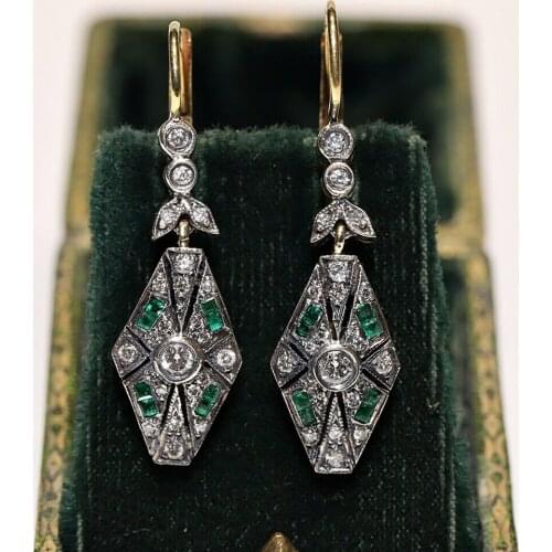 ART DECO STYLE 14K GOLD NEW MADE NATURAL DIAMOND AND CALIBER EMERALD EARRING