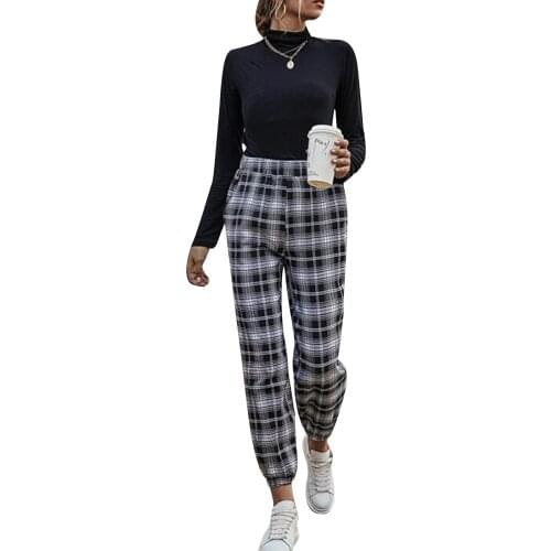 New Fashion Women Ladies Autumn Winter Casual Plaid Pants Elastic Waist Color Block Ankle Length Sweatpants Sport Long Pants