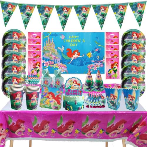 Mermaid Ariel Princess Theme Girl Kids Birthday Party Decoration Plate Napkins Banner Disposable Tableware Baby Party Supplies