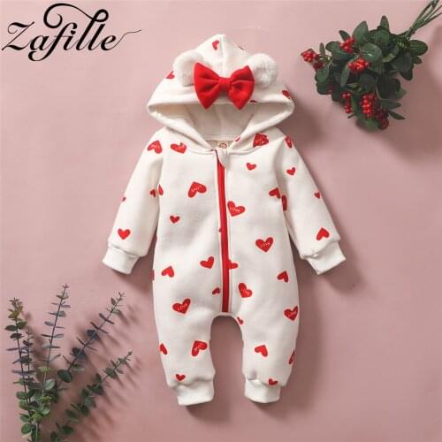 ZAFILLE Baby Girl Clothes Heart Hooded Zipper Babys Rompers Plus Velvet Warm Winter Jumpsuit For Kids Overalls Clothing