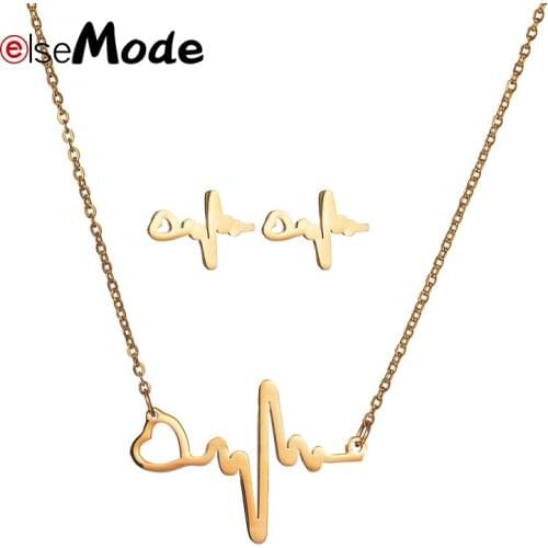 Elsemode LOVE Heart Stainless Steel Women Jewelry Sets Rose Gold Electrocardiogram Wave Metal Neckalce Earrings Birthday Gift