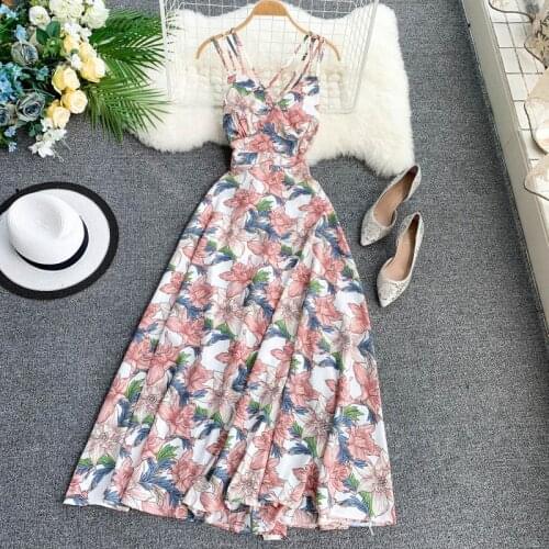 Summer Womens Sling Print Dress Beach Dress Sexy Backless Dress Big Pendulum Slim Fit Strap Dress WA236