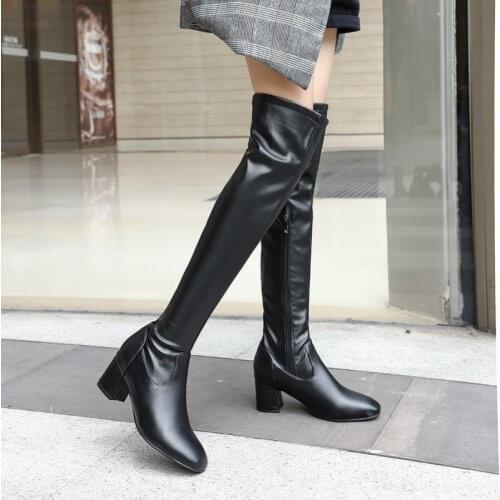 Fashion Knee High Boots Womens Winter Boots Thick High Heels Long Boots Round Slip On Spring Autumn Shoes Woman Black White 38