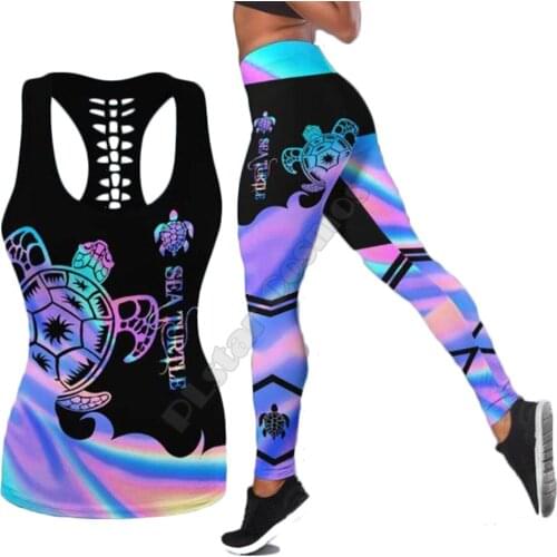 Sea turtle Polynesian 3D Printed Hollow Out Tank Legging Suit sexy Yoga Fitness Soft Legging Summer Women For Girl 31