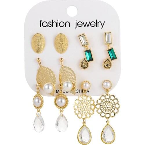 Occident New Earrings Hot Baroque Leaf Green Crystal Stud Earring 6 Pairs Set Women Fashion Jewelry Wholesale