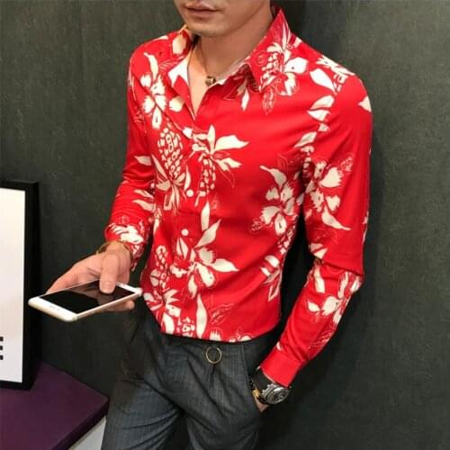 Autumn Men Personality 3d Print Slim Long-sleeve Shirt Male Shirt Easy Care Shirt Hairstylist Red Flower Shirts Singer Costumes