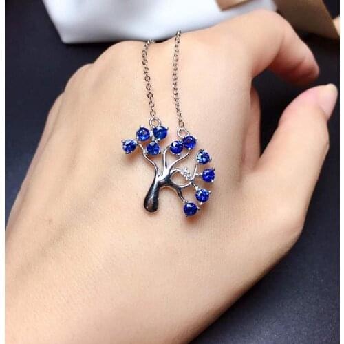 100% Natural Real Sapphire Necklace Pendant Solid S925 Sterling Silver For Women