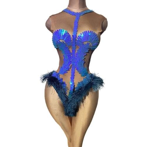 Sexy Nude Color Blue Sequins Dancer Bodysuits Women Elastic Tights Sleeveless Party Jumpsuit Club Bar Singer Leotard Stage Wear
