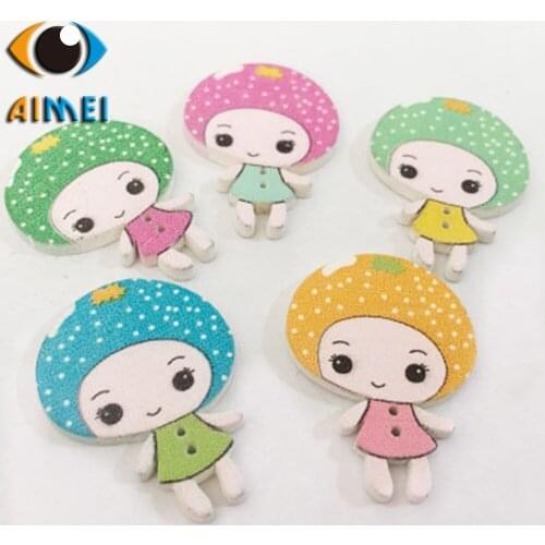 100Pcs/Lot Factory Direct Wooden Button Color Printing Cartoon Girl Buttons Diy Clothing Accessories Creative Deduction