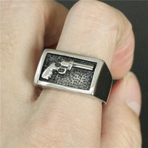 Size 7-13 Cool Fashion Biker Cowboy With Gun Ring 316L Stainless Steel Women Mens Gun Ring