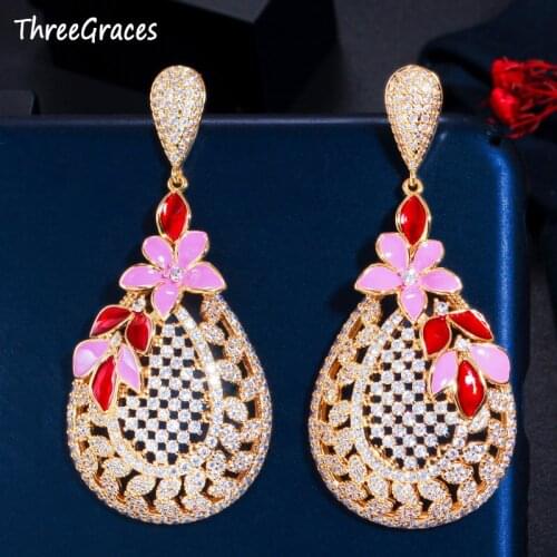ThreeGraces 2020 New Luxury Cubic Zirconia Ethnic Long Hollow Out Red Enamel Flower Leaf Dangle Earrings Jewelry for Women ER494