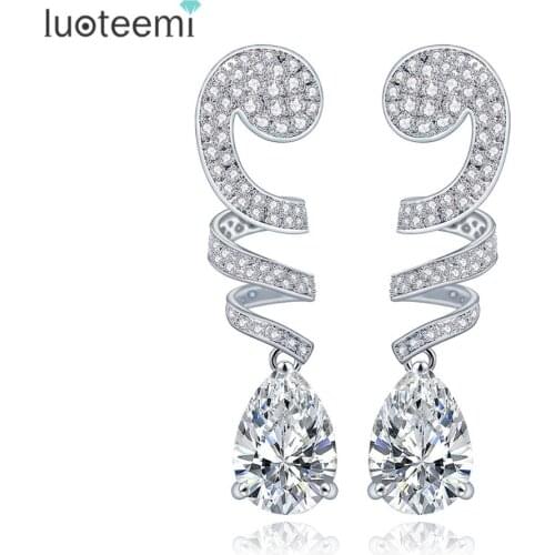 LUOTEEMI Screw Design Heavy Dangle Earrings With Clear Waterdrop Cubic Zircon Drop For Bridal Wedding White Gold-Color Brincos