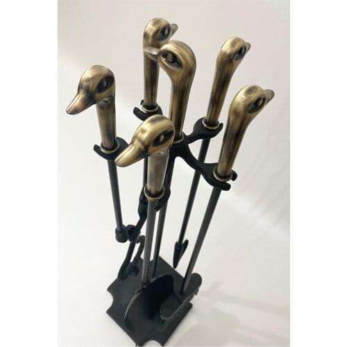 Yellow Tumbled Ball End, Duck Head, Quad Fireplace Tongs Team