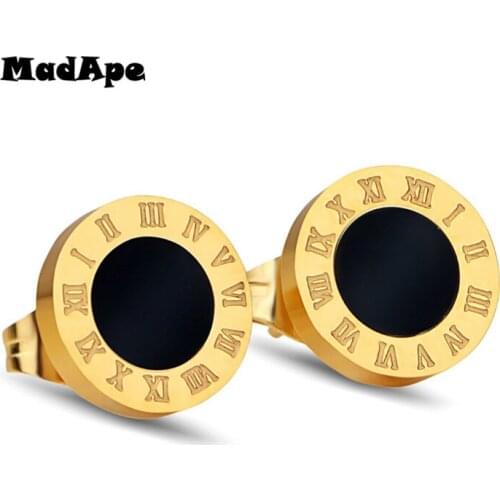 MadApe 1Pair 2019 New Roman Number Earrings Titanium Stainless Steel Round Stud Earrings For Women Earrings Jewelry Dropshipping