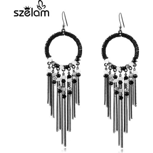 Szelam Bohemian Black Resin Round Earrings For Women Long Tassel Drop Earings Wedding Jewelry 2019 Brincos SER160035