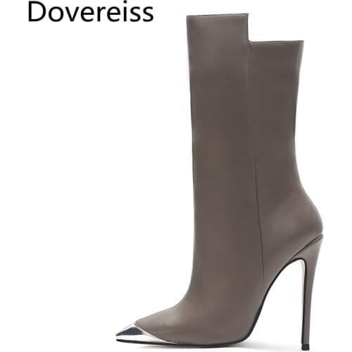 Dovereiss Fashion Womens Shoes Winter new Elegant Stilettos heels sexy Pure color light brown Zipper Half boots Concise 34-45