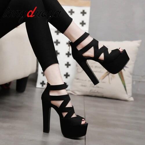 Women Suede Peep Toe Cross Band Platform Chunky Heel Sandal Black Ladies Ankle Strap Ultra High Heel Dressy Sexy Sandal platform