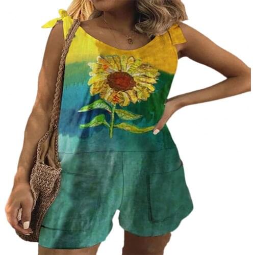 2021 Wide Leg Sling Jumpsuit Sleeveless Flower Print O Neck Summer Shoulder Knot Women Loose Romper Playsuit Casual Overalls