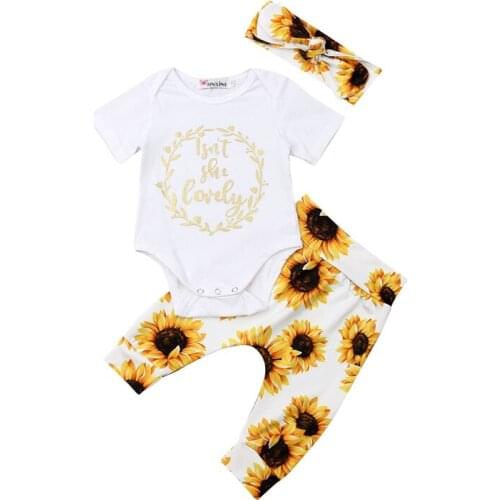 Sunflower Romper 3PCS Clothes Set Newborn Kid Baby Girl Floral Clothes Jumpsuit Bodysuit+Pants+Headband Outfits