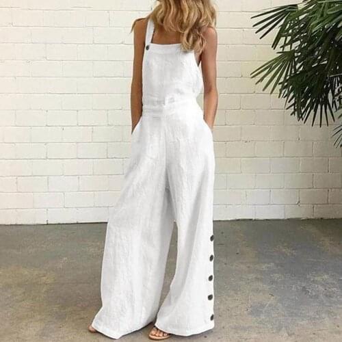 Female Summer Jumpsuit Sexy Sleeveless Solid Color Wide Leg Jumpsuit Pockets Loose Strappy Playsuit Women Overall 2021