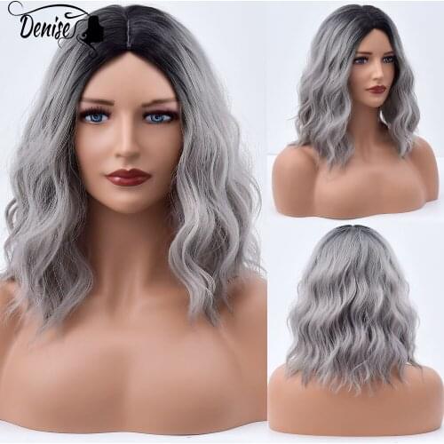 Gray Ombre Wave Daily Short Natural Hair Synthetic Wig For Women Heat Resistant Female Colored Cosplay Wavy Fibre Wigs