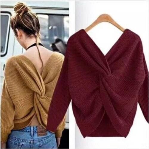Women Sweater Autumn Winter Sexy Backless Cross Knotted Pullover Jumper Knitting Loose Clothes Fashion V-neck Irregular Sweaters