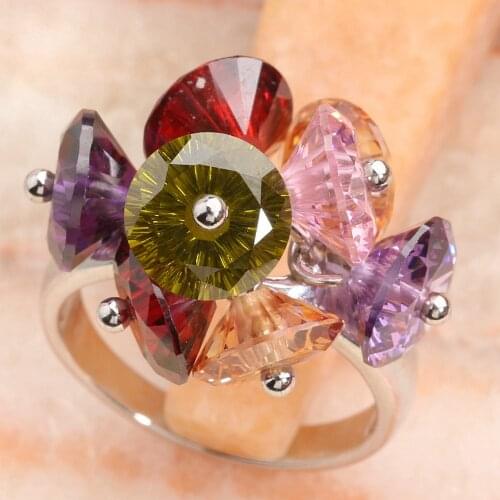 Smart Multi-Color MultiGem 8*8mm Semi-precious Stone Silver Cool For Women Ring Q2578