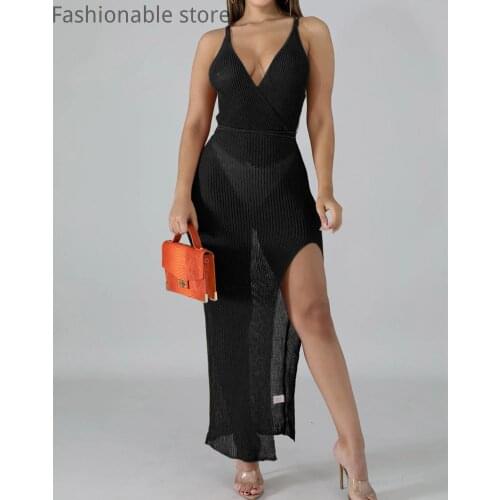 Women Solid Color Knitted Sleeveless Wrap Asymmetryical Midi Dress